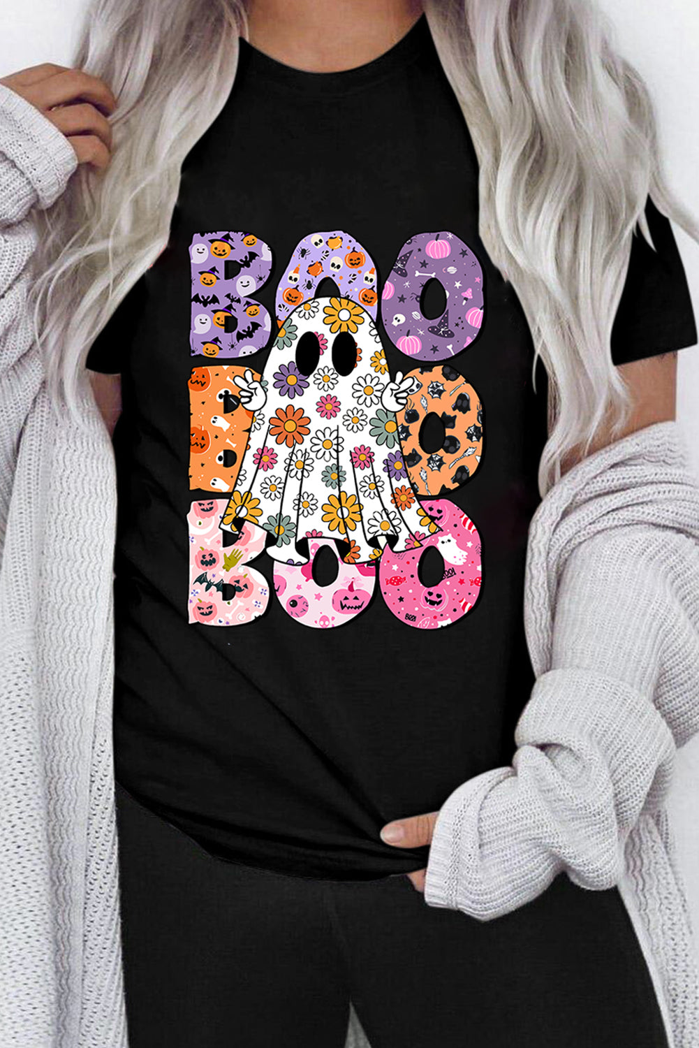 BOO Floral Ghost Print Crew Neck Halloween T Shirt