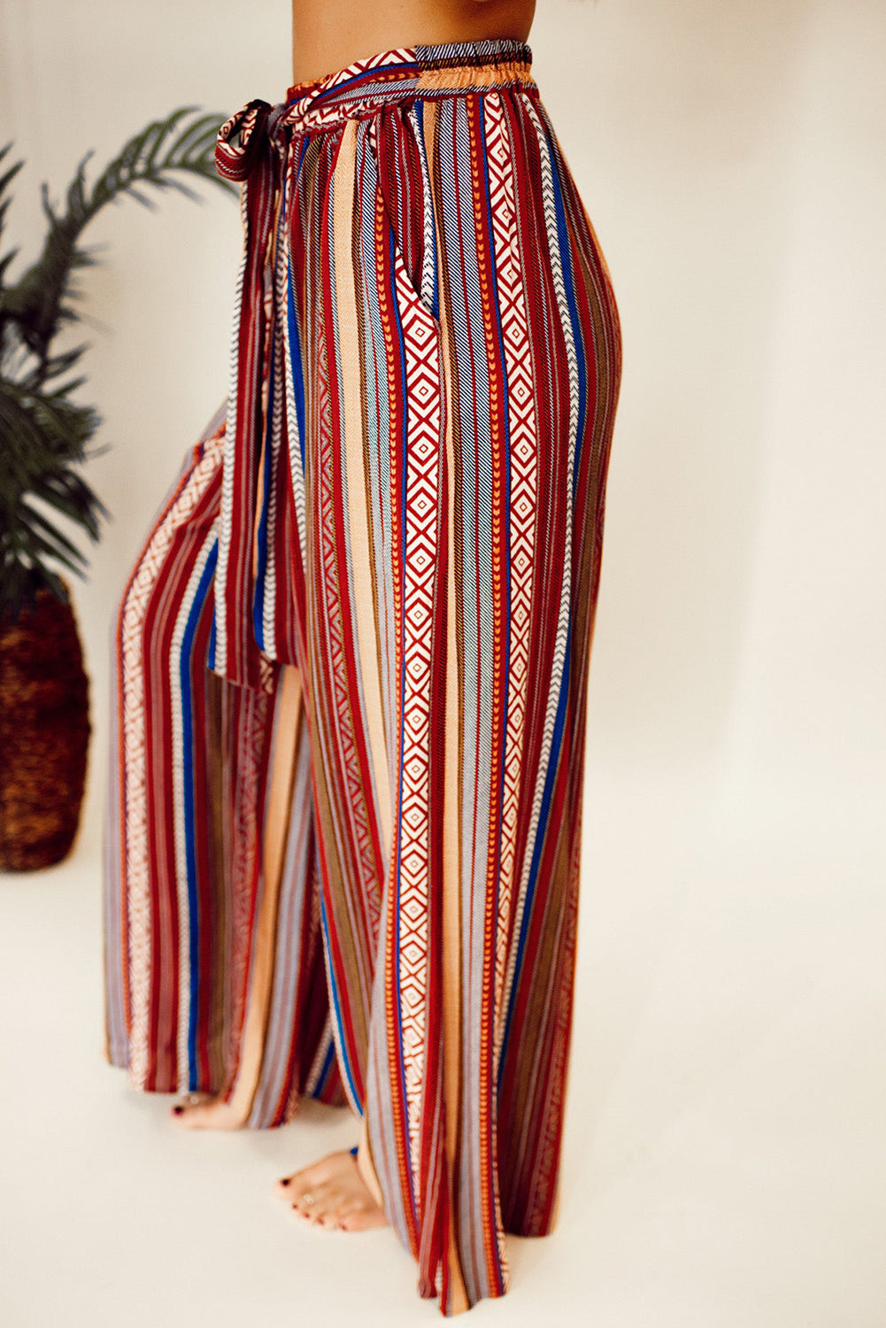 Boho Ethnic Striped Print Tie Waist Wide Leg Pants