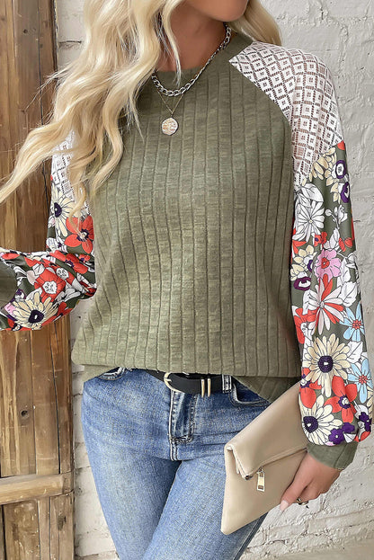 Floral Patchwork Long Sleeve Ribbed Blouse