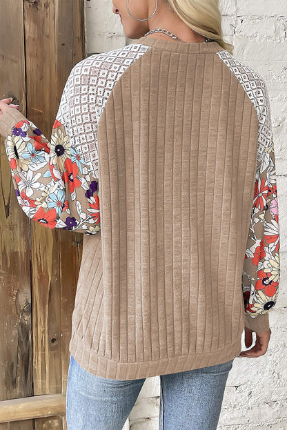 Floral Patchwork Long Sleeve Ribbed Blouse