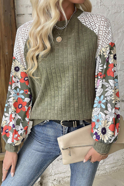 Floral Patchwork Long Sleeve Ribbed Blouse