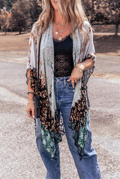 Boho Floral Print Irregular Hem Flowy Kimono