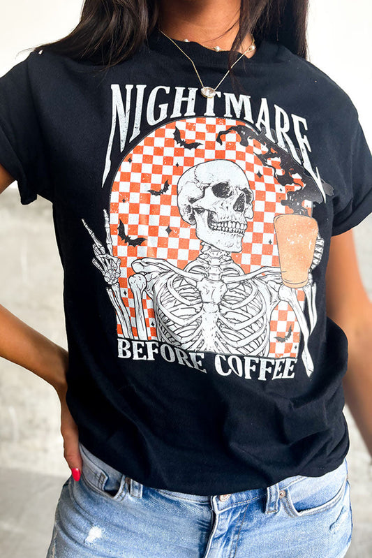 Nightmare Before Coffee Skull Checkerboard Graphic Halloween Tee