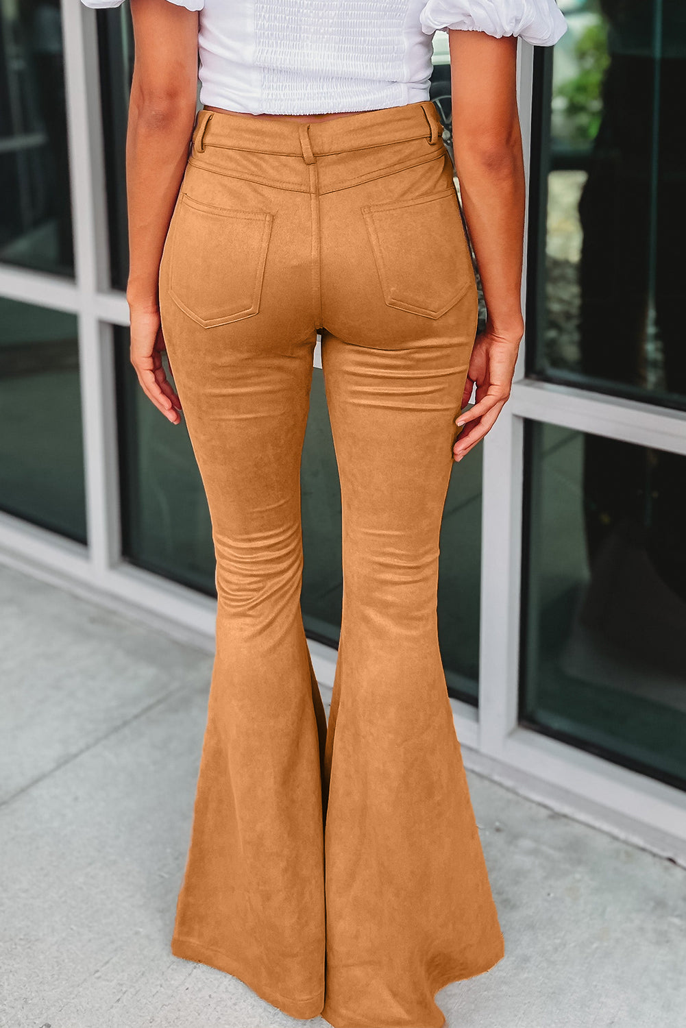 Exposed Seam Flare Suede Pants with Pockets