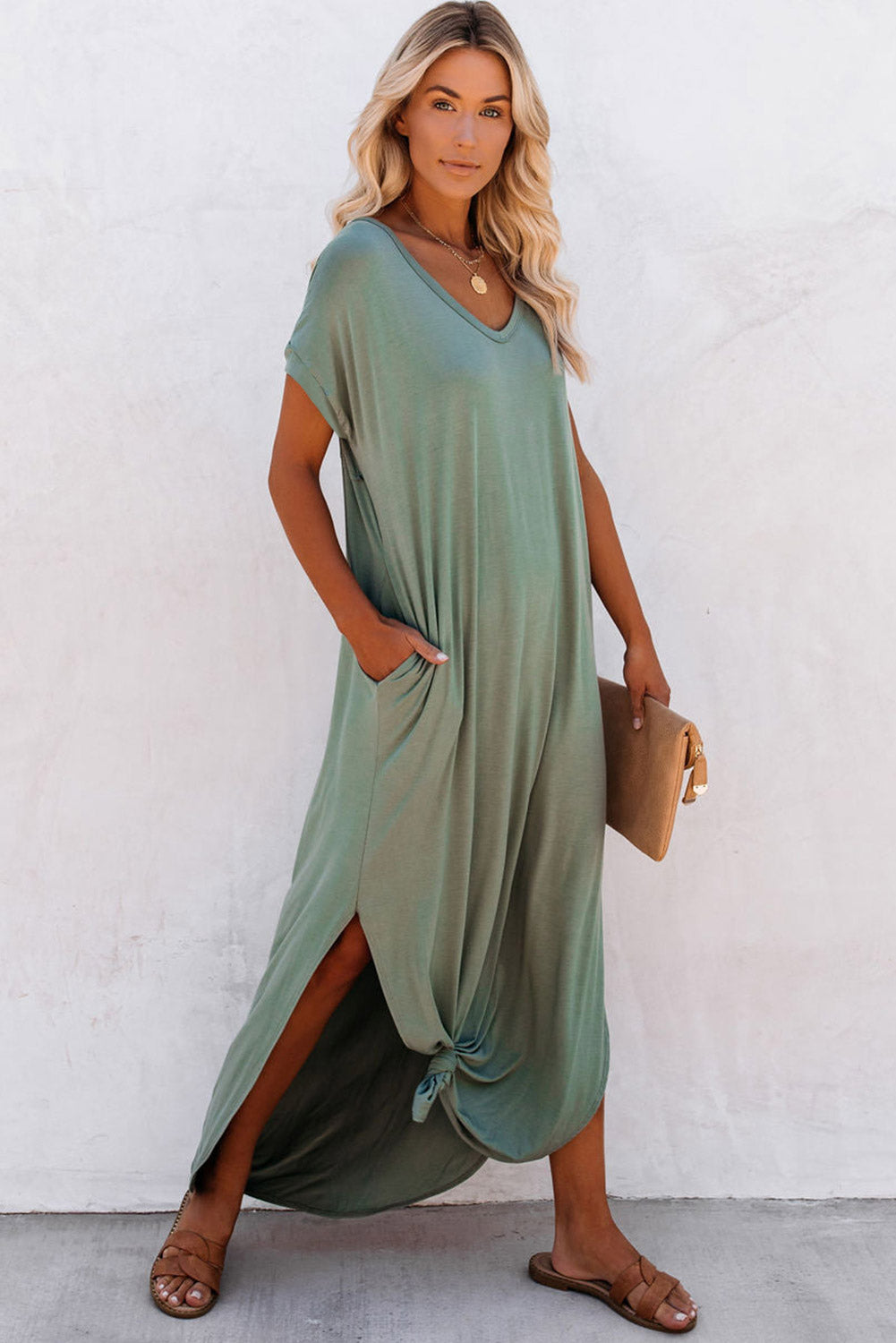 V Neck Hidden Pocket Splits Maxi T-shirt Dress