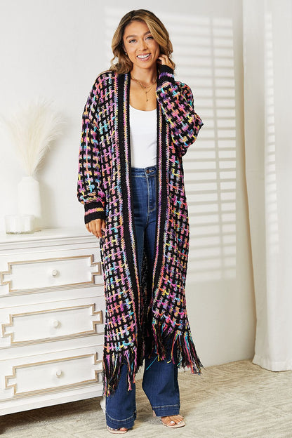 Multicolored Open Front Fringe Hem Cardigan