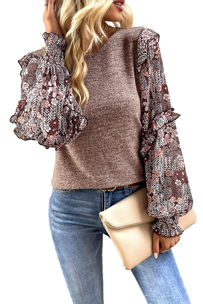 Ruffle Tiered Floral Sleeve Crew Neck Blouse