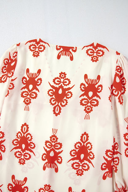 Vintage Geometric Printed 3/4 Sleeve V Neck Blouse