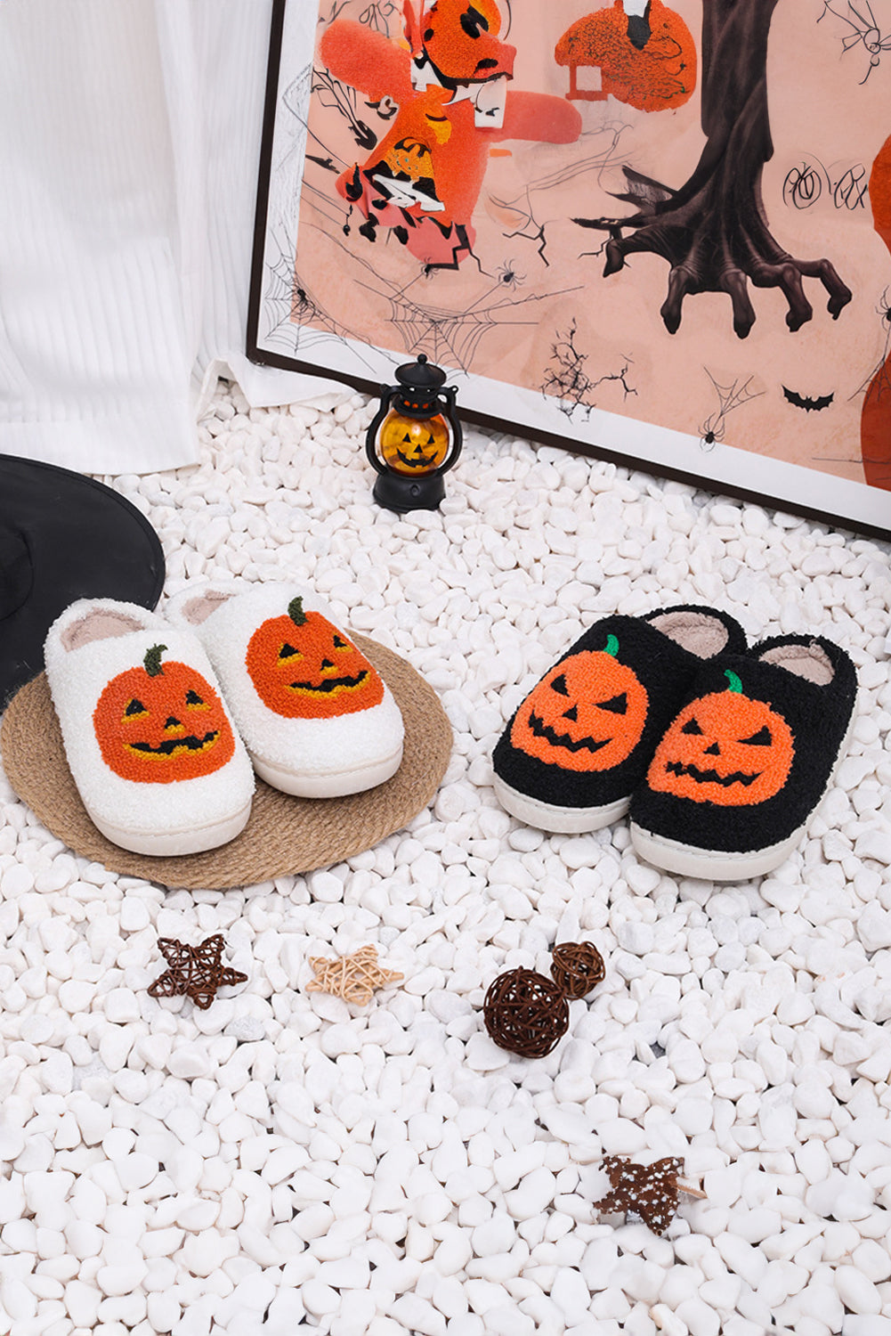 Halloween Pumpkin Print Plush Slippers (Runs Small, Size Up)