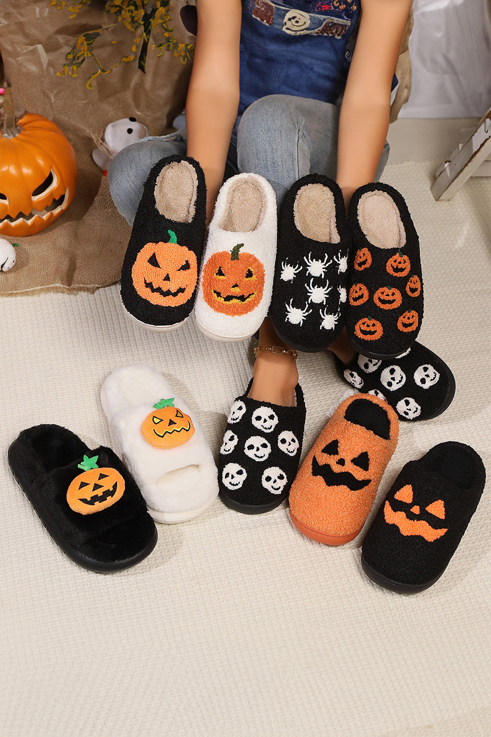 Halloween Pumpkin Print Plush Slippers (Runs Small, Size Up)