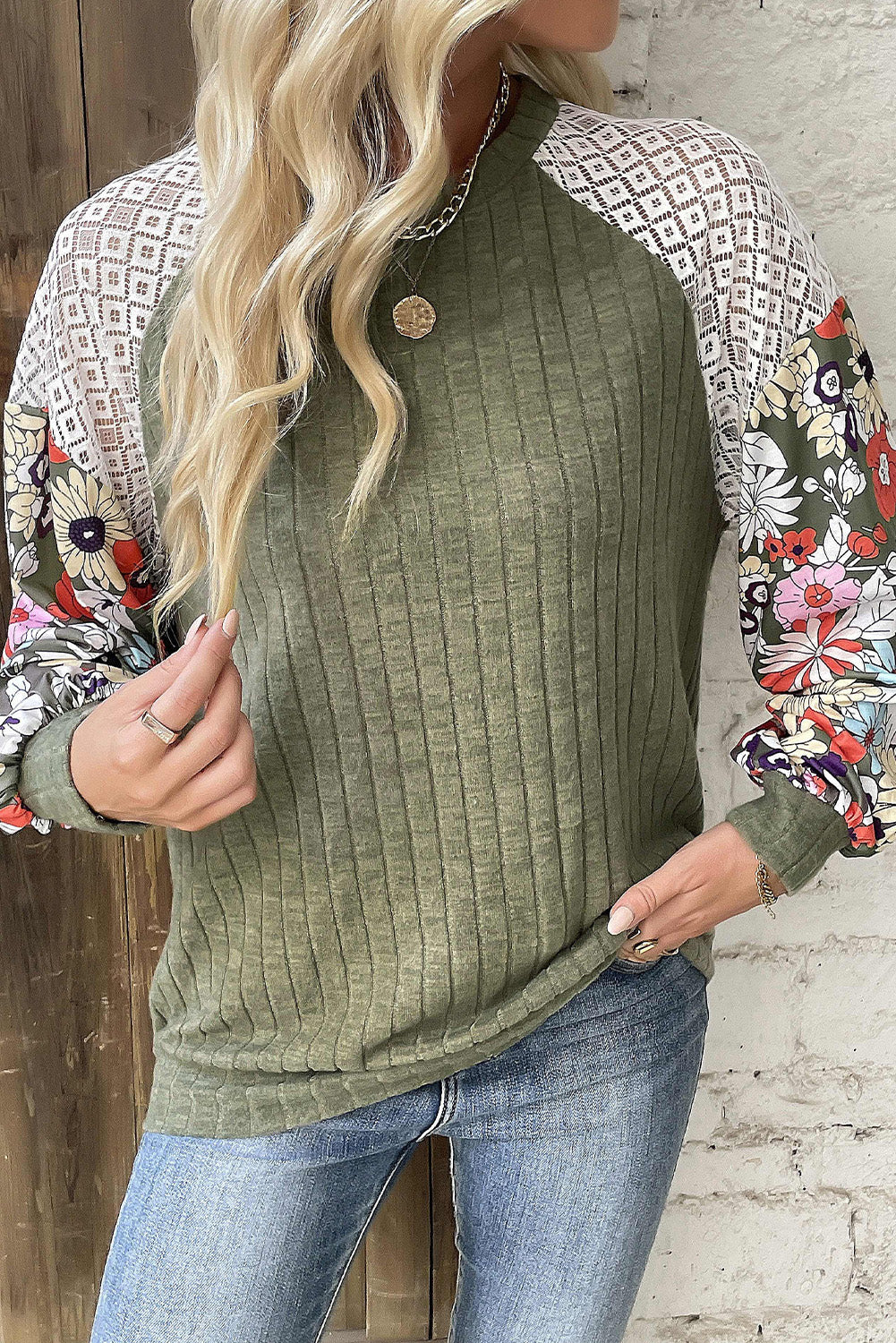 Floral Patchwork Long Sleeve Ribbed Blouse