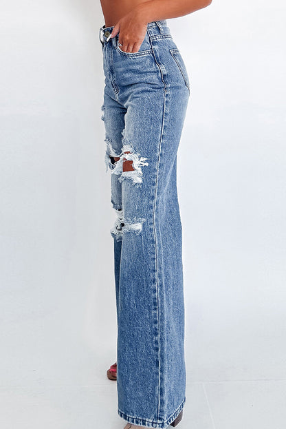 Acid Wash Distressed Wide Leg High Waist Jeans