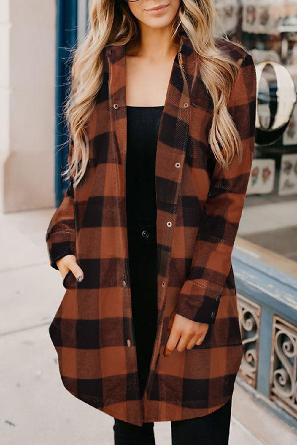 Turn-down Collar Plaid Shirt Coat