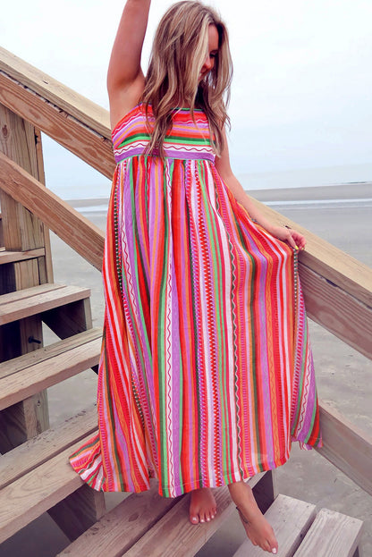 Striped Thin Straps Smocked Back Boho Maxi Dress