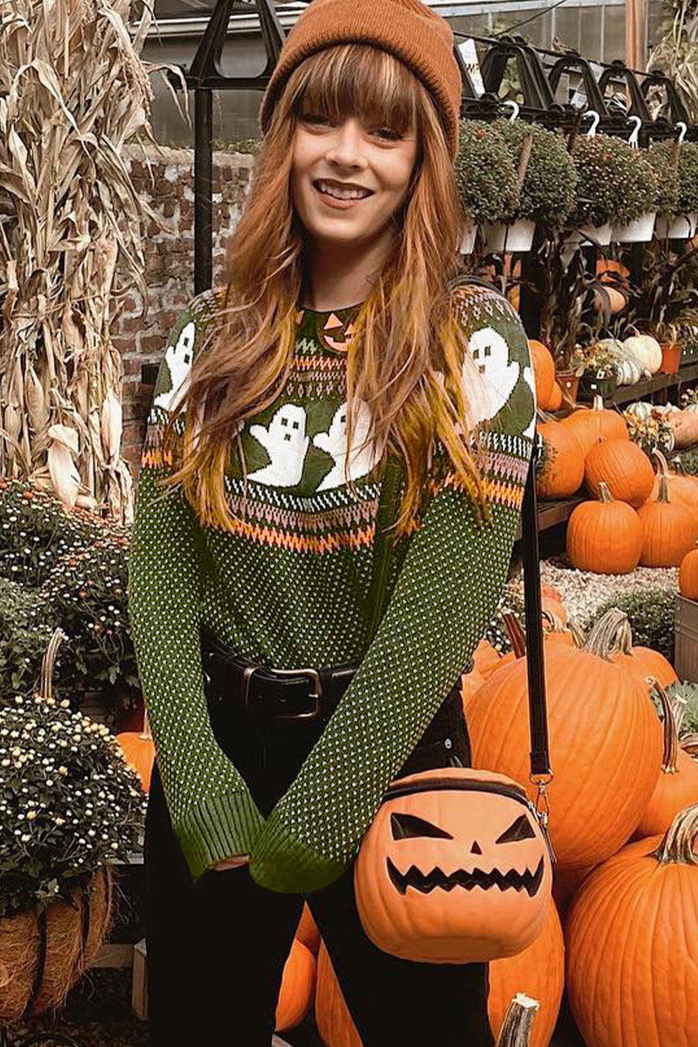 Halloween Ghost Pattern Drop Shoulder Sweater