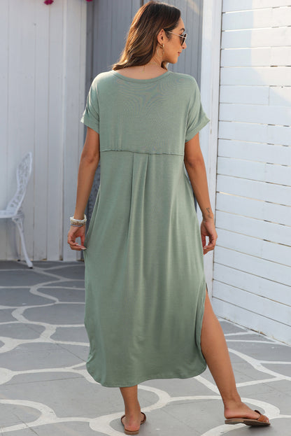 V Neck Hidden Pocket Splits Maxi T-shirt Dress