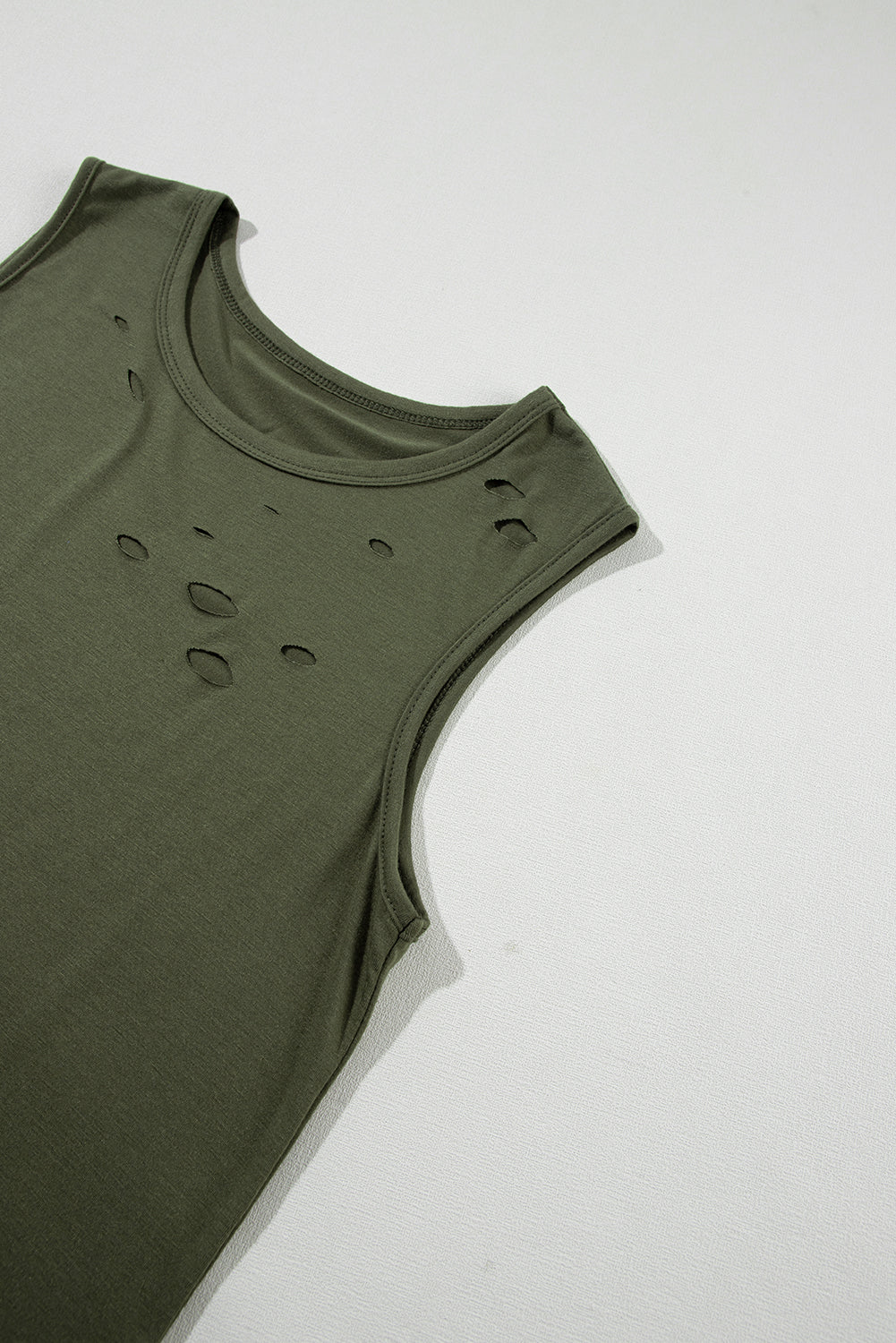 Solid Color Distressed Holes Crew Neck Tank Top