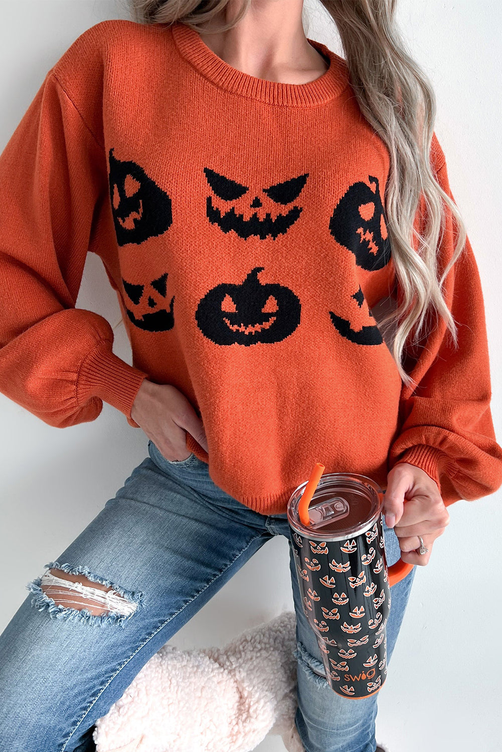 Halloween Pumpkin Face Pattern Drop Shoulder Sweater