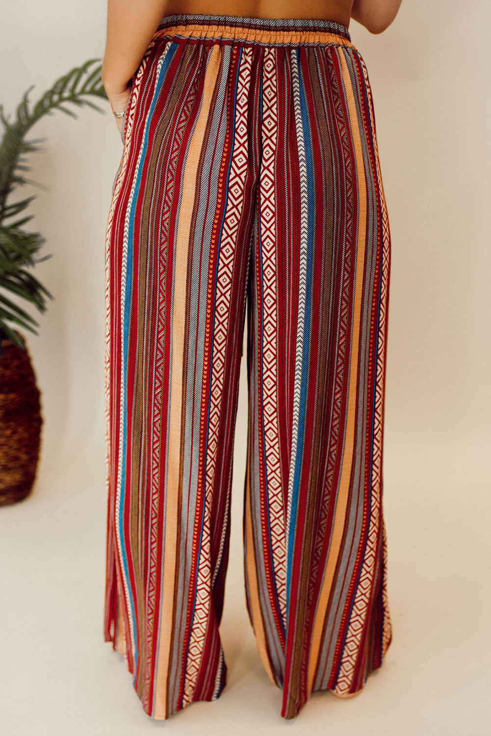 Boho Ethnic Striped Print Tie Waist Wide Leg Pants