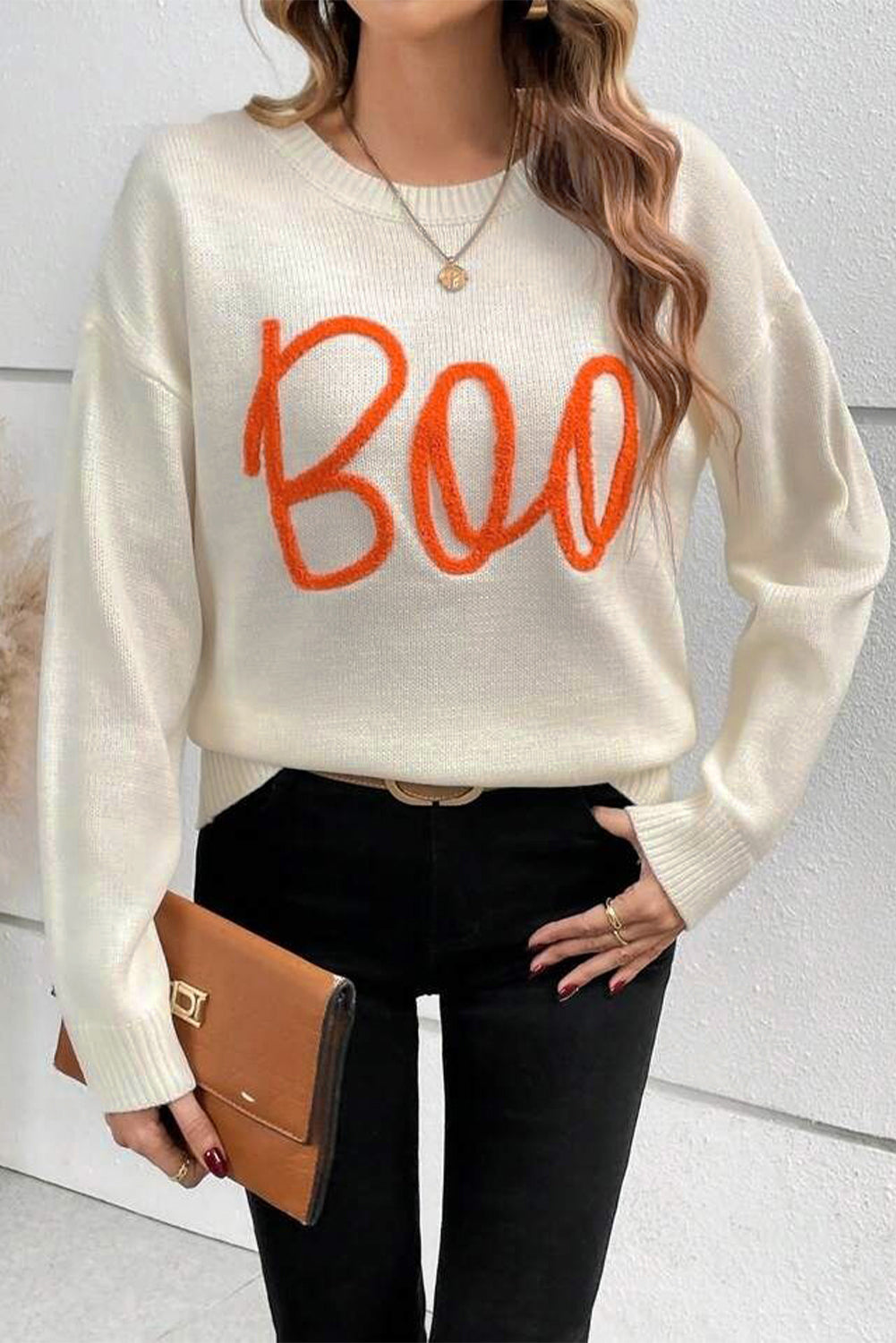 Boo Knitted Pattern Ribbed Edge Drop Shoulder Sweater