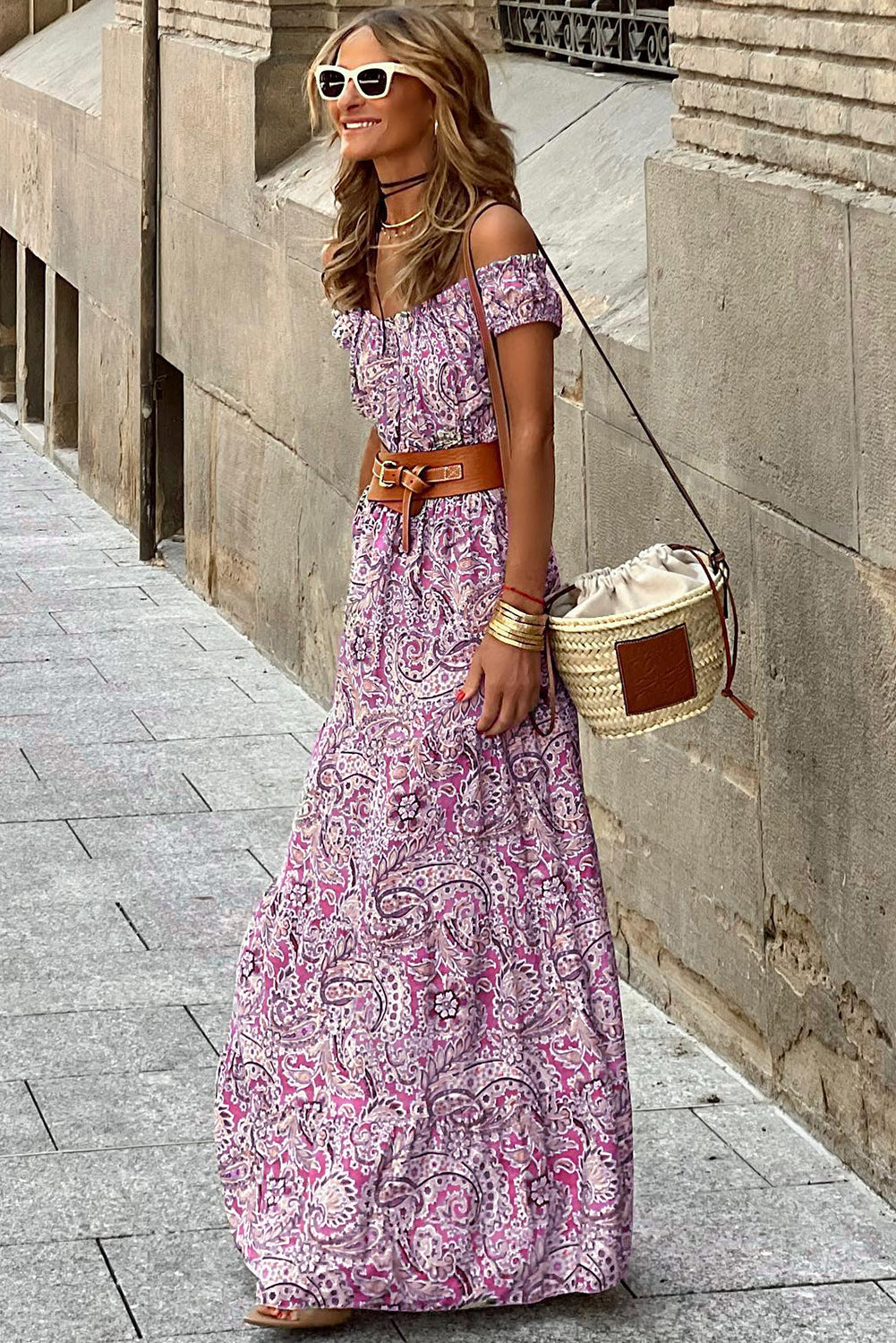 Boho Paisley Print Off Shoulder Maxi Dress