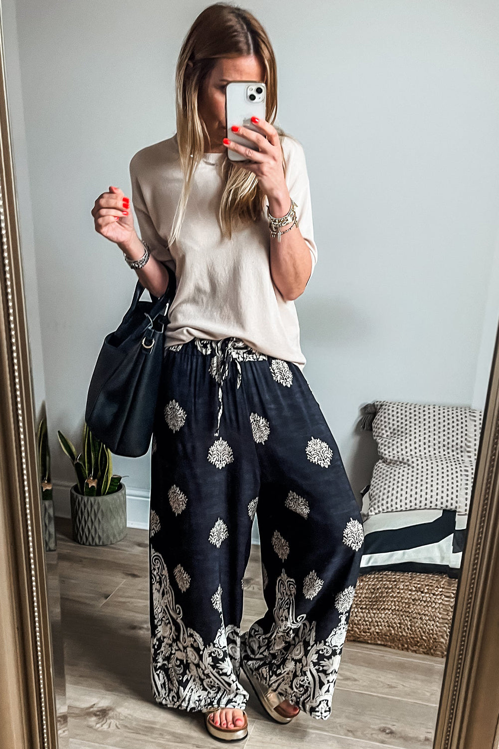 Bohemian Printed Drawstring Waist Wide Leg Pants