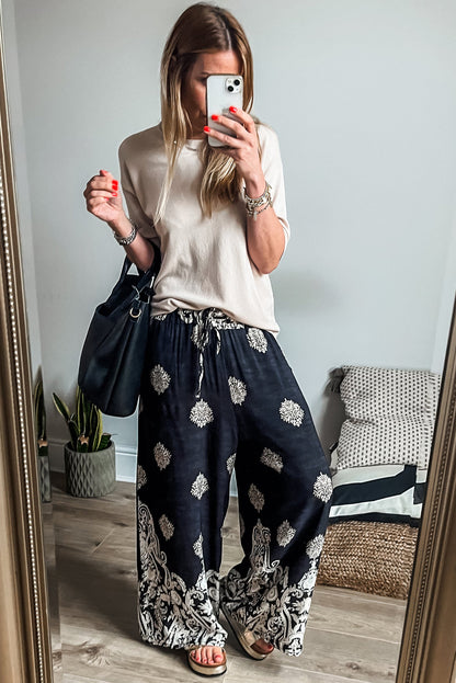 Bohemian Printed Drawstring Waist Wide Leg Pants