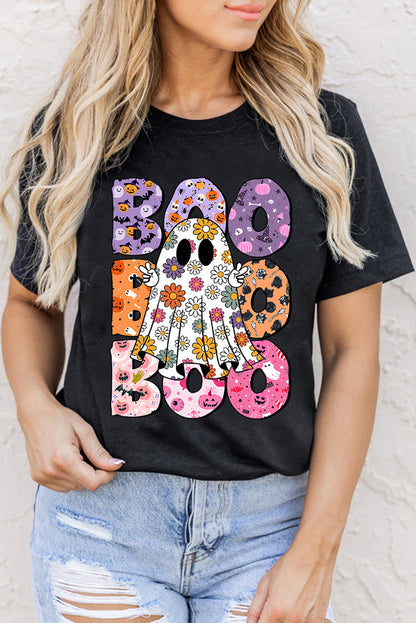 BOO Floral Ghost Print Crew Neck Halloween T Shirt