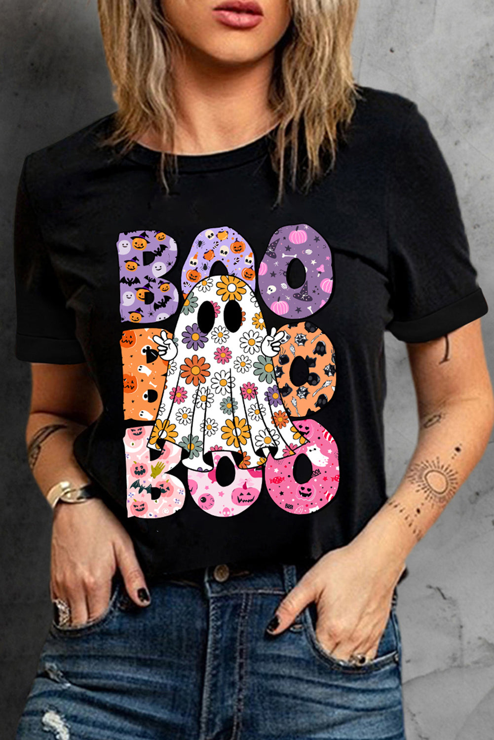 BOO Floral Ghost Print Crew Neck Halloween T Shirt