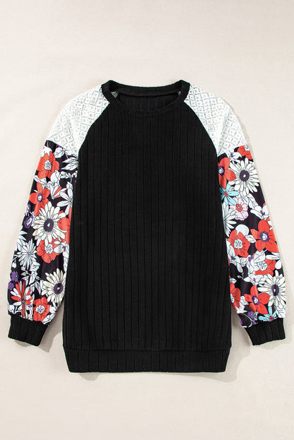 Floral Patchwork Long Sleeve Ribbed Blouse