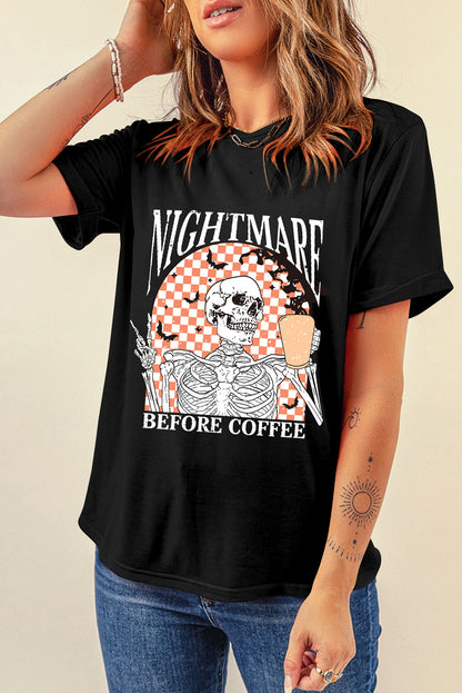 Nightmare Before Coffee Skull Checkerboard Graphic Halloween Tee