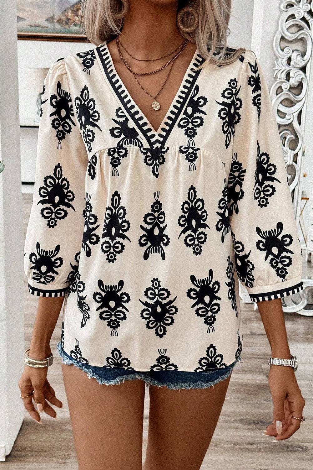 Vintage Geometric Printed 3/4 Sleeve V Neck Blouse