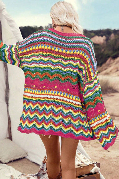 Colorblock Striped Hollowed Knit Loose Sleeve Sweater