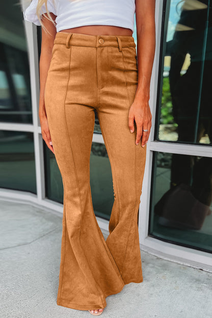 Exposed Seam Flare Suede Pants with Pockets