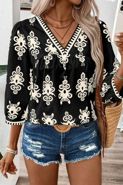 Vintage Geometric Printed 3/4 Sleeve V Neck Blouse