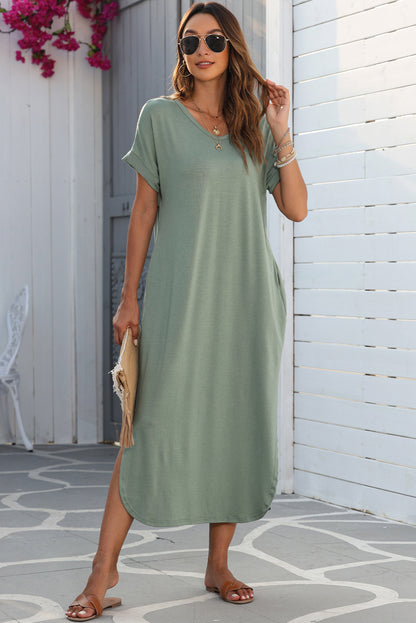 V Neck Hidden Pocket Splits Maxi T-shirt Dress