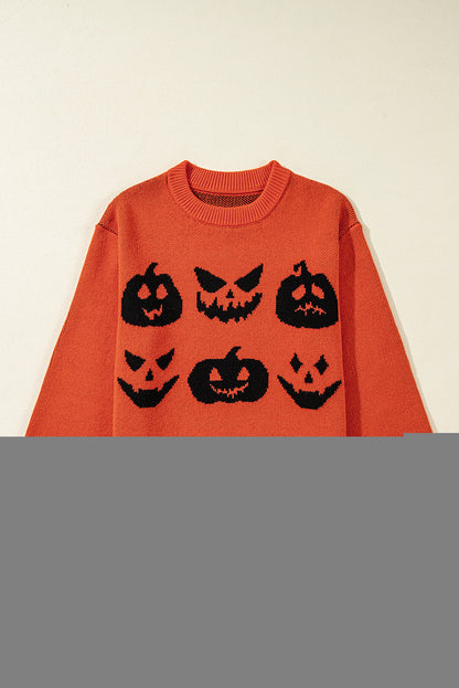 Halloween Pumpkin Face Pattern Drop Shoulder Sweater