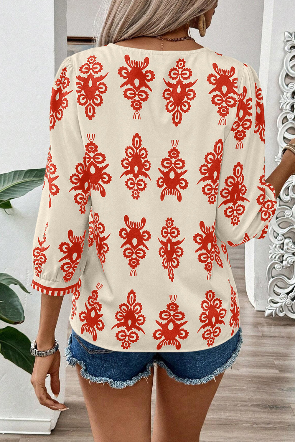 Vintage Geometric Printed 3/4 Sleeve V Neck Blouse