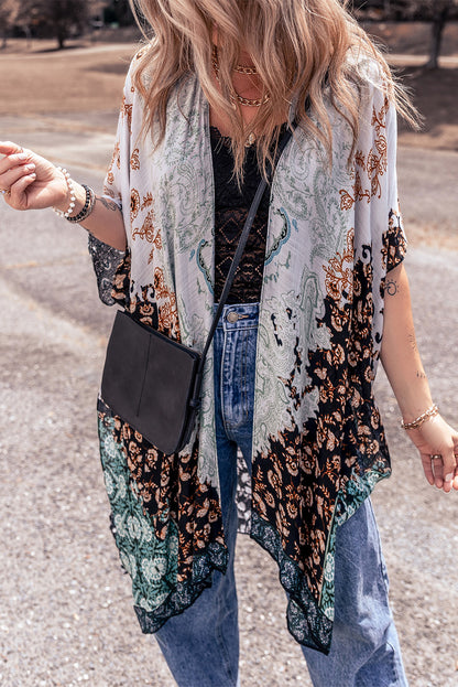 Boho Floral Print Irregular Hem Flowy Kimono