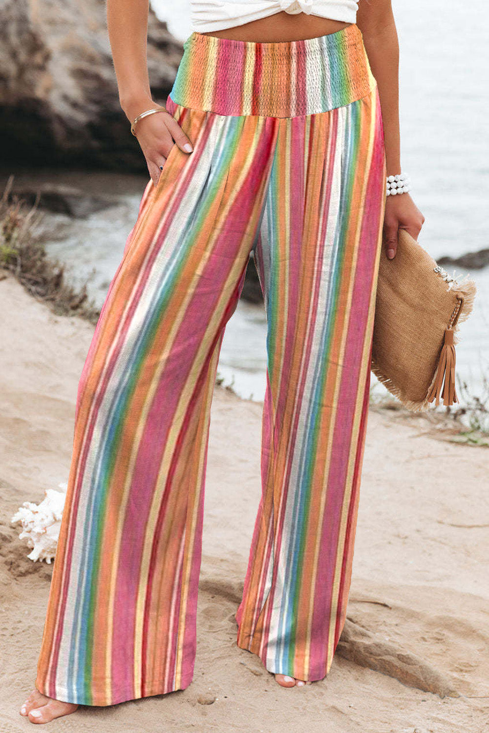 Striped Smocked High Waist Wide Leg Pants