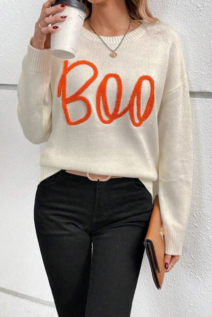 Boo Knitted Pattern Ribbed Edge Drop Shoulder Sweater