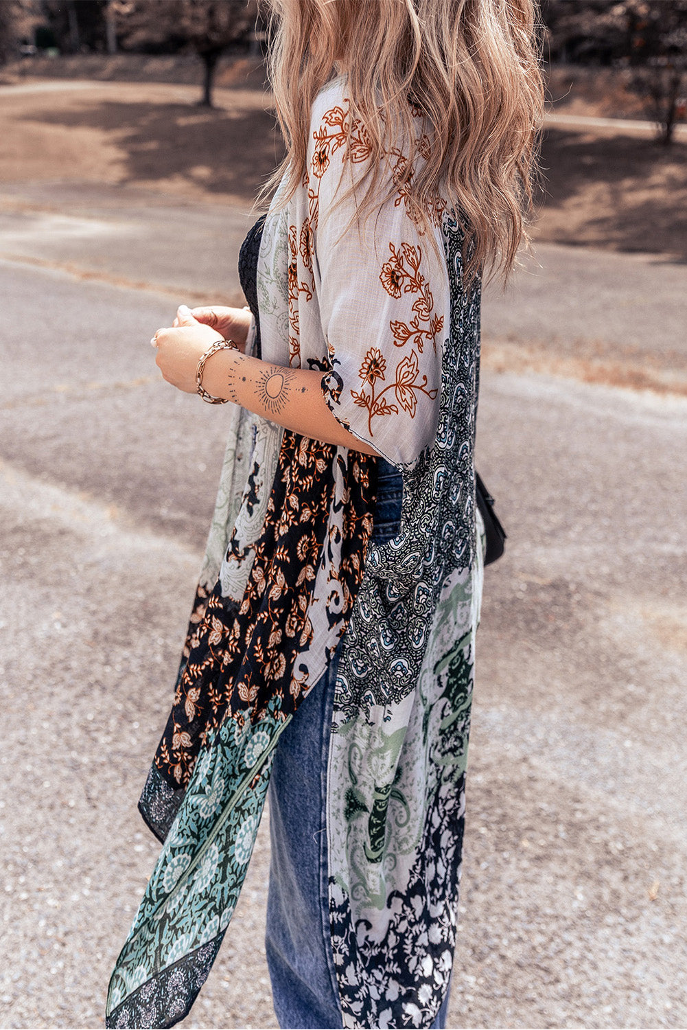 Boho Floral Print Irregular Hem Flowy Kimono