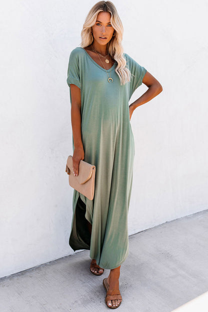 V Neck Hidden Pocket Splits Maxi T-shirt Dress