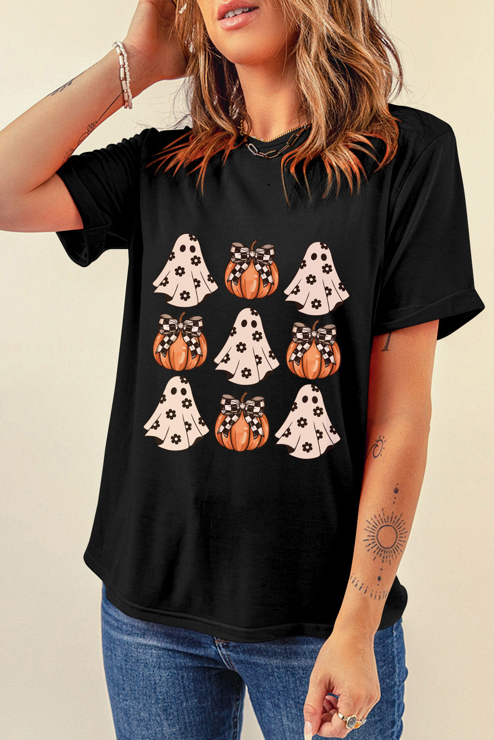 Halloween Ghost Pumpkin Print Crew Neck T Shirt