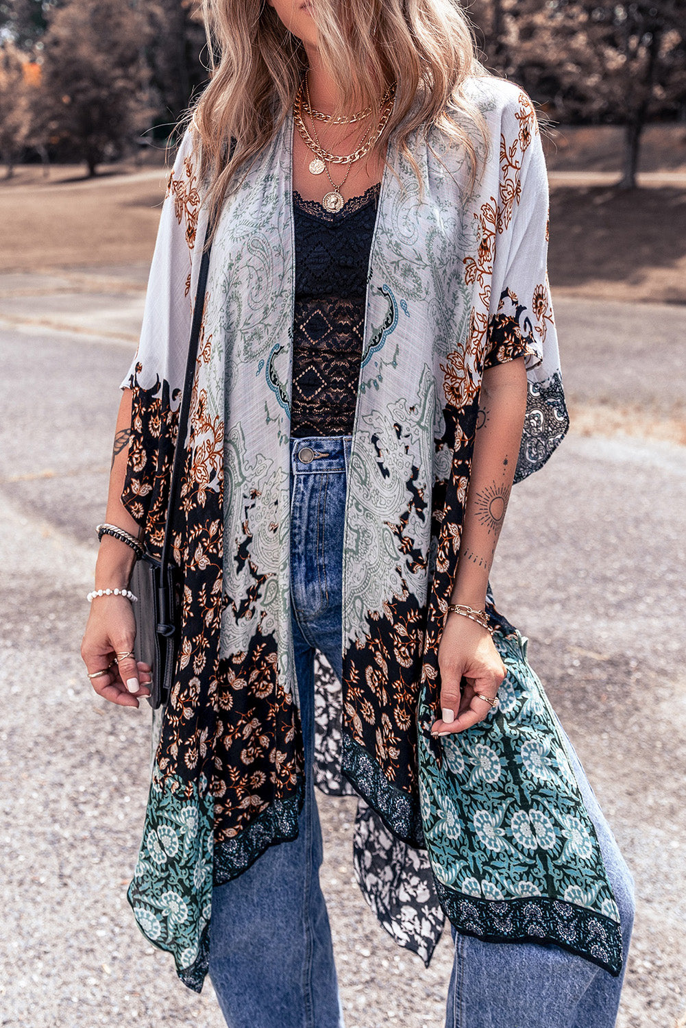 Boho Floral Print Irregular Hem Flowy Kimono