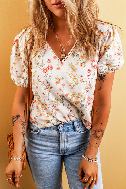 Boho Floral Lace Trim Short Sleeve Blouse