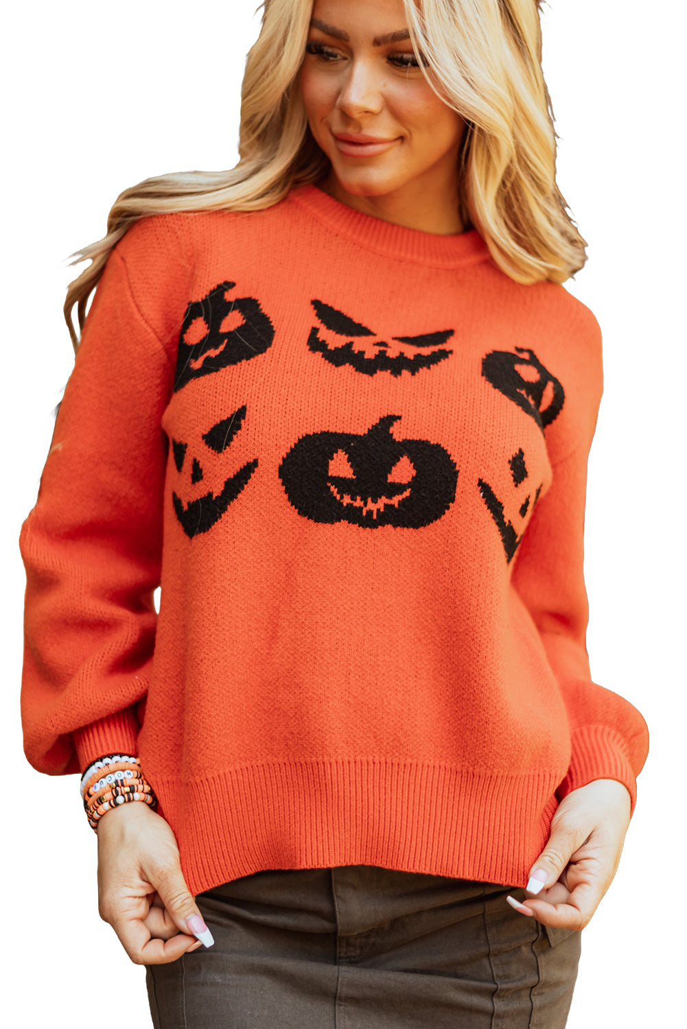 Halloween Pumpkin Face Pattern Drop Shoulder Sweater