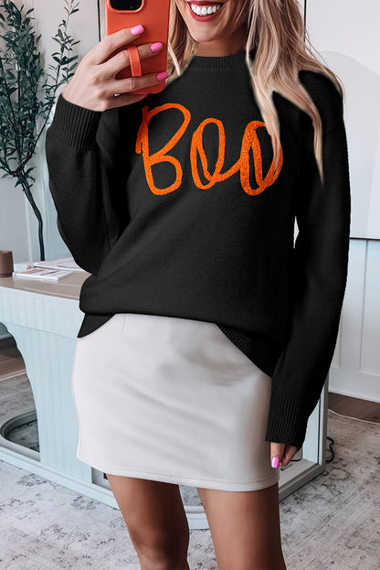 Boo Knitted Pattern Ribbed Edge Drop Shoulder Sweater