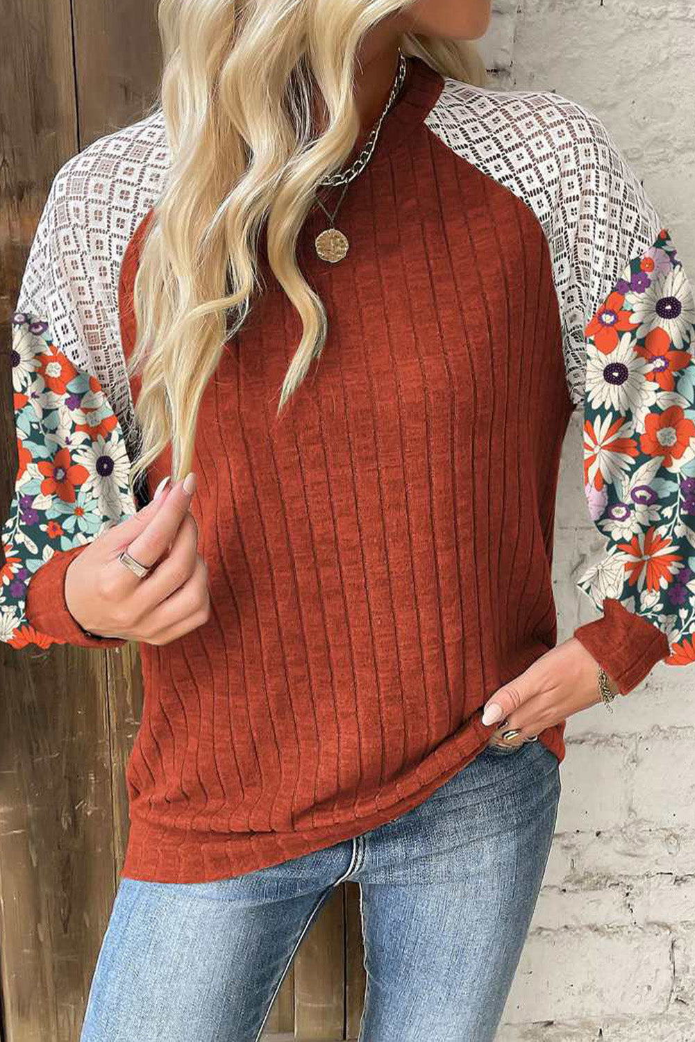 Floral Patchwork Long Sleeve Ribbed Blouse