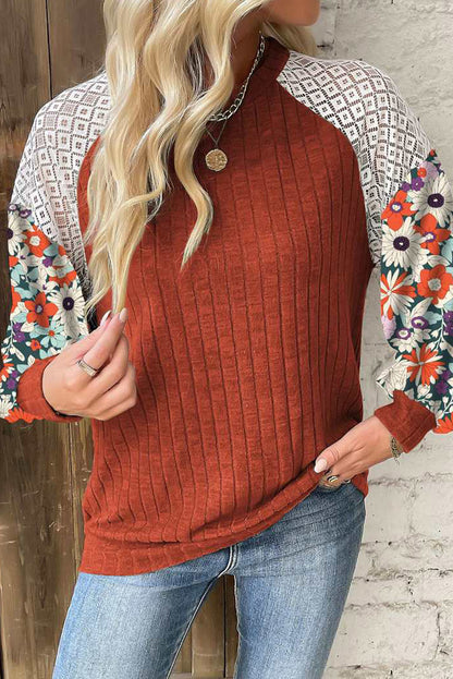 Floral Patchwork Long Sleeve Ribbed Blouse